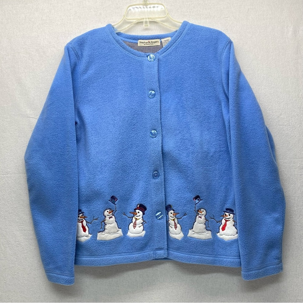 Stephanie Rogers Small Winter Cardigan Embroidered Snowmen Fleece Button Front